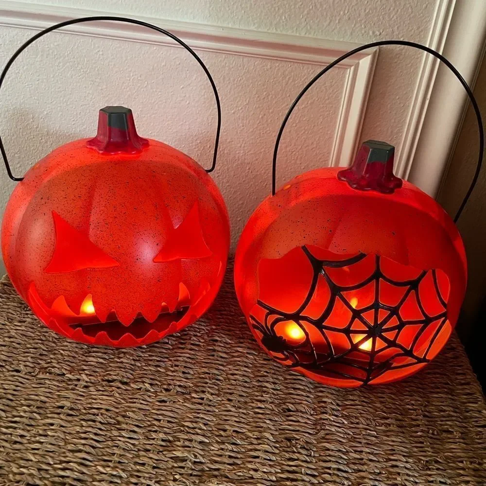 Holiday Home LED Fire Pumpkins Spider Web Design set of 2!